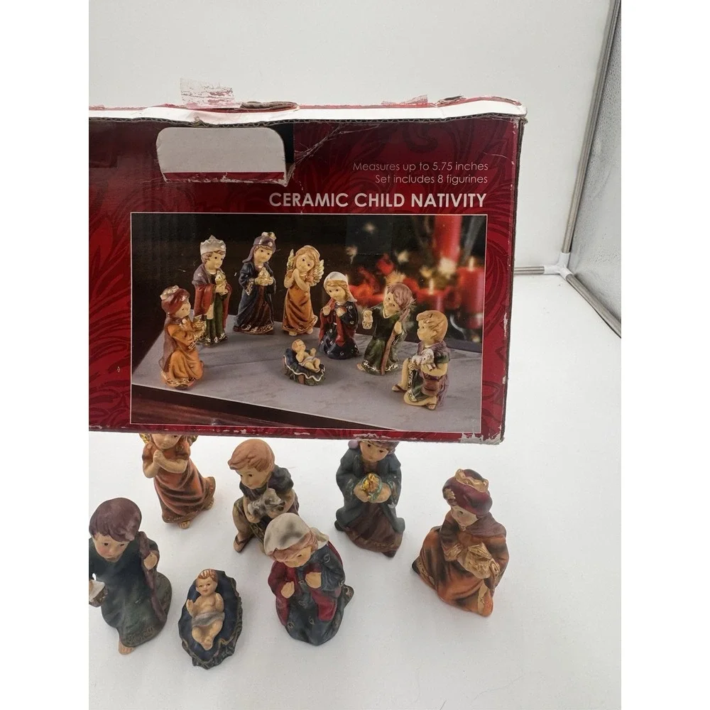 Vtg Nativity Child Set Kirklands Ceramic Glazed 7 Pieces Wiseman Is Missing 5.5